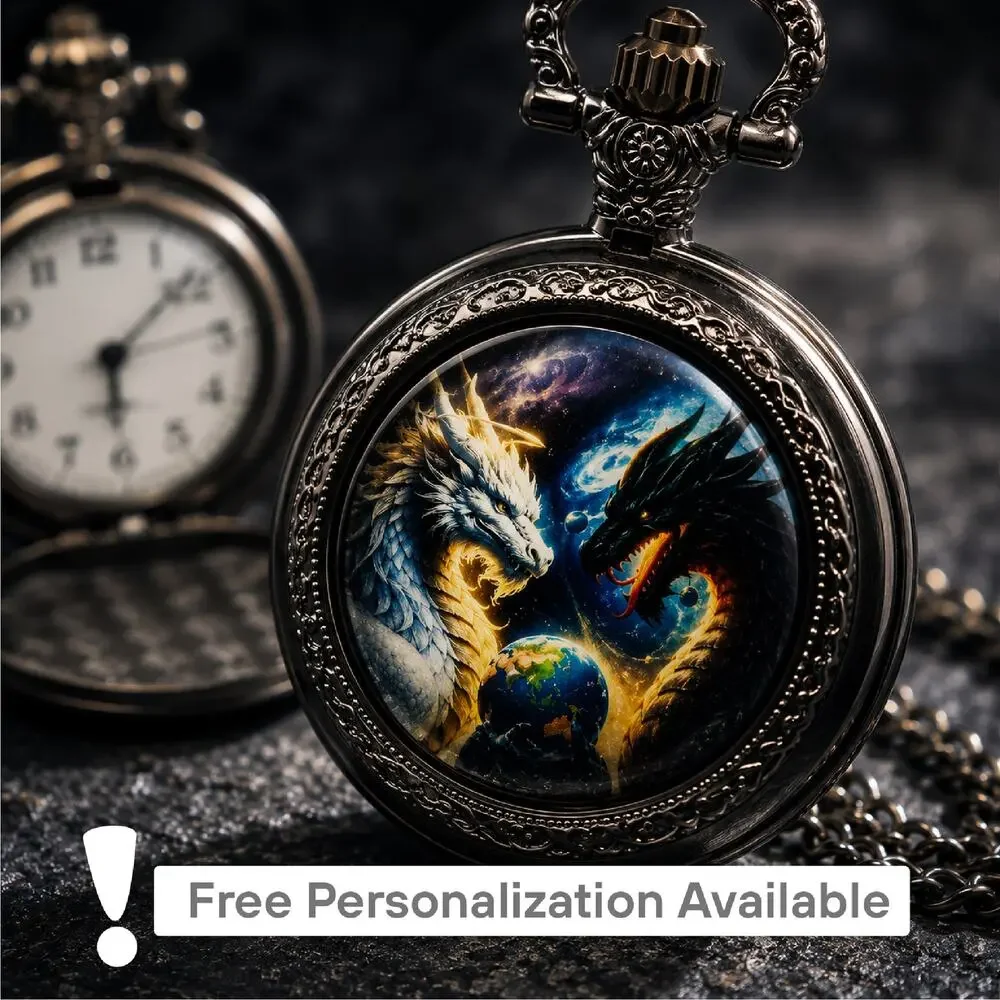 Celestial Yin Yang Dragon Pendant Pocket Watch – Fantasy Necklace Gift